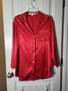 Victoria Sexret Red Silky Satin Button-Up Pajama Shirt.  Size Small